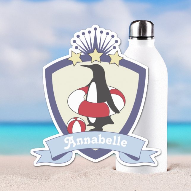Personalized Swimming Club Crest Cute Penguin Kids Sticker (Creator Uploaded)