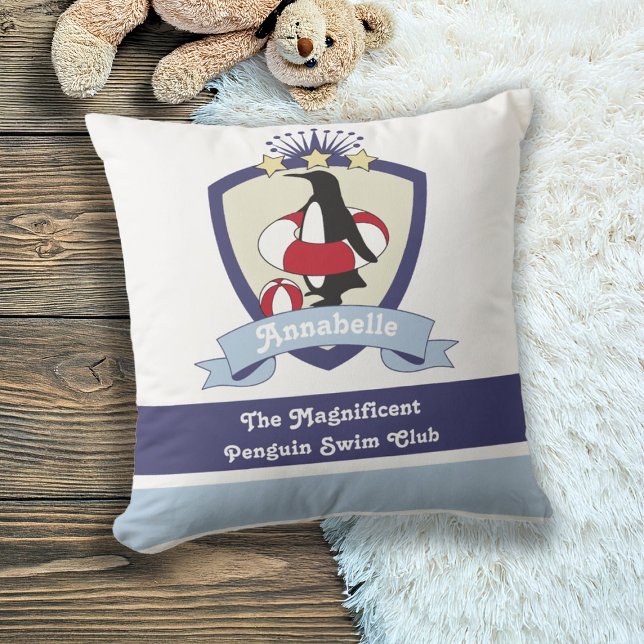Personalized Swimming Club Crest Cute Penguin Kids Throw Pillow (Creator Uploaded)