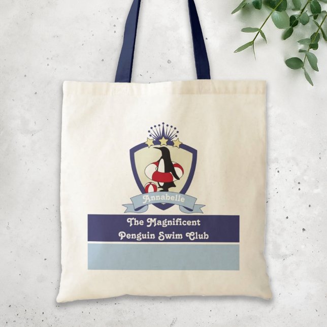 Personalized Swimming Club Crest Cute Penguin Kids Tote Bag (Creator Uploaded)