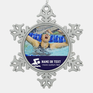 Personalized Swimming Photo Swimmer Name Christmas Snowflake Pewter Christmas Ornament
