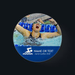 Personalized Swimming Photo Swimmer & Team Name Button<br><div class="desc">Show some pride for your swimmer with this fun button. Customize by adding a photo of your swimmer or your swimmer's team and two lines of custom text - name, year, etc. Easily change the background color to coordinate with your photo. Choose from 5 button sizes. Makes a fun end...</div>