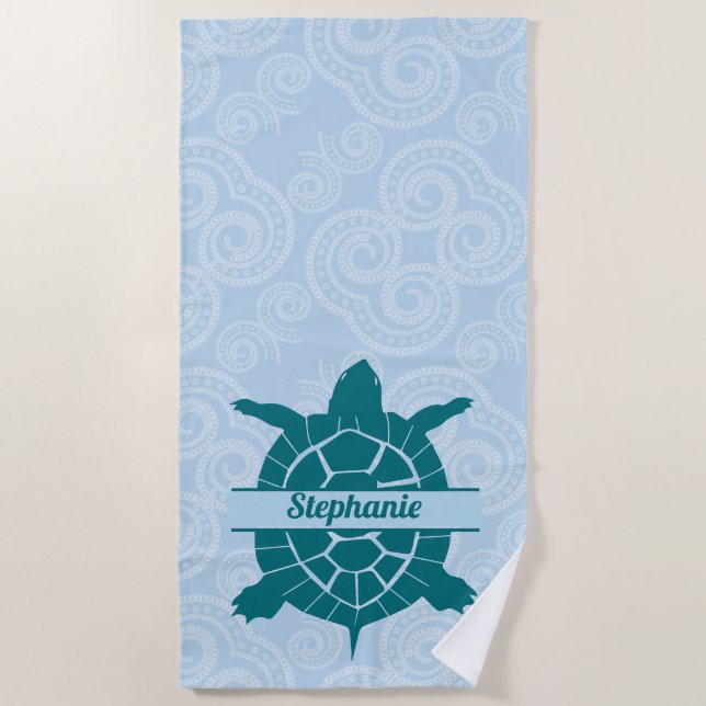 Personalized Swimming Teal Sea Turtle  Beach Towel (Front)