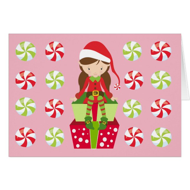 Personalized Swirl Candy Christmas Elf Cards (Front Horizontal)