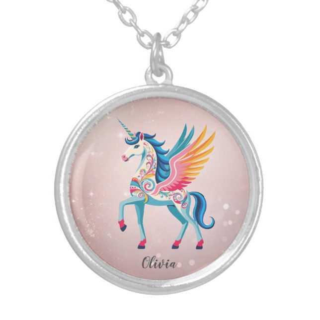 Personalized Swirling Unicorn Silver Plated Necklace (Front)