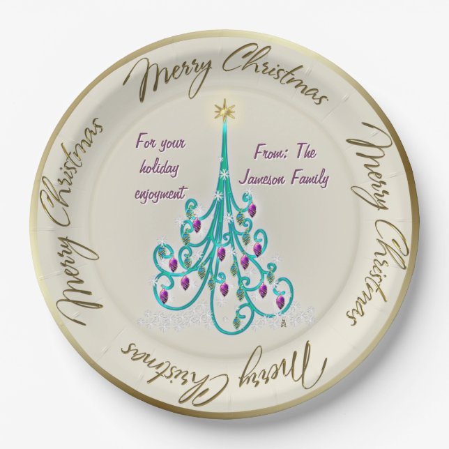 Personalized Swirly Christmas Tree Paper Plates (Front)