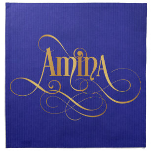 Personalized Swirly Script Amina Gold on Blue Napkin