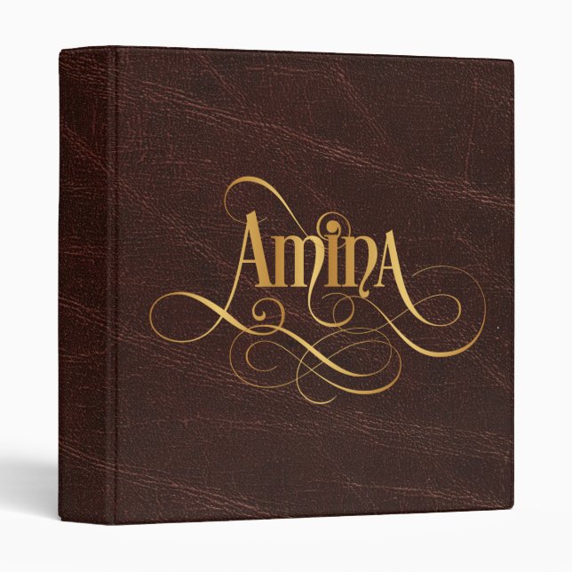 Personalized Swirly Script Amina Gold on Leather Binder (Front/Spine)
