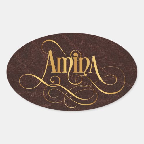 Personalized Swirly Script Amina Gold on Leather Oval Sticker