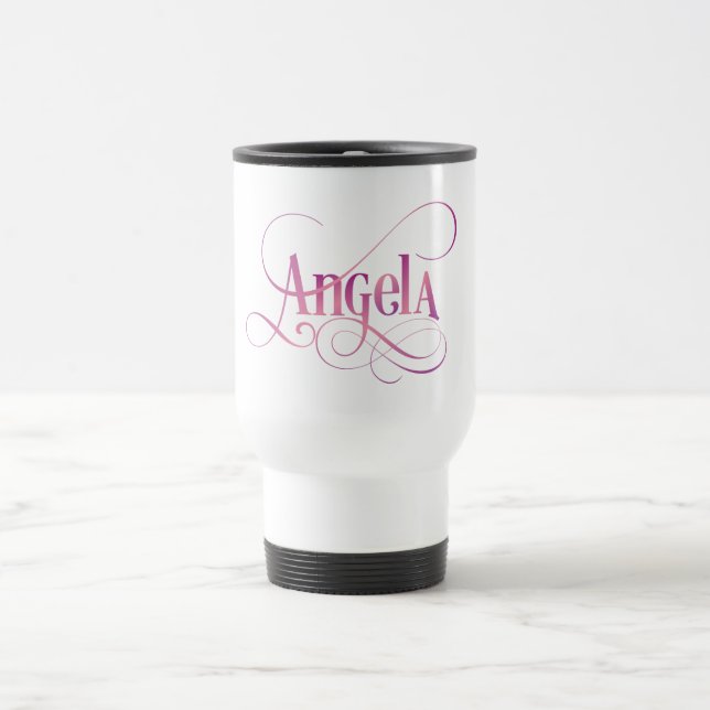 Personalized Swirly Script Angela Pink on Black Travel Mug (Center)