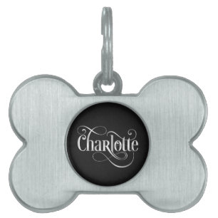 Personalized Swirly Script Charlotte Silv on Black Pet Name Tag