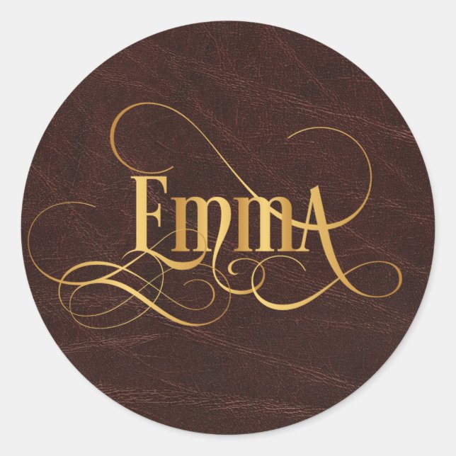 Personalized Swirly Script Emma Gold on Leather Classic Round Sticker (Front)