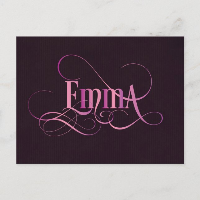 Personalized Swirly Script Emma Pink on Purple Postcard (Front)