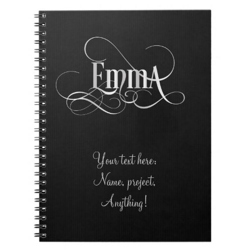 Personalized Swirly Script Emma Silver on Black Notebook