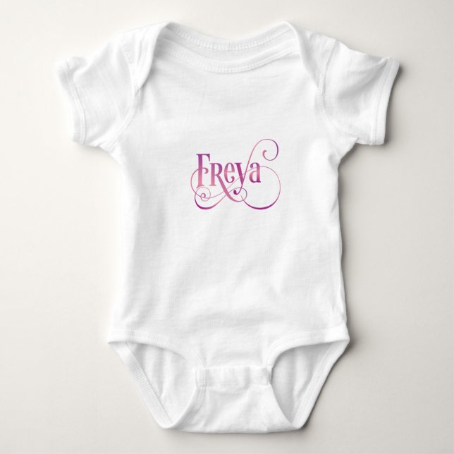Personalized Swirly Script Freya Pink on Black Baby Bodysuit (Front)