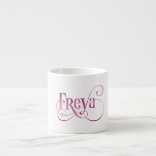 Personalized Swirly Script Freya Pink on Black Espresso Cup