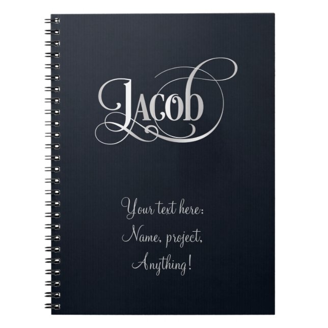 Personalized Swirly Script Jacob Silver on Indigo Notebook (Front)