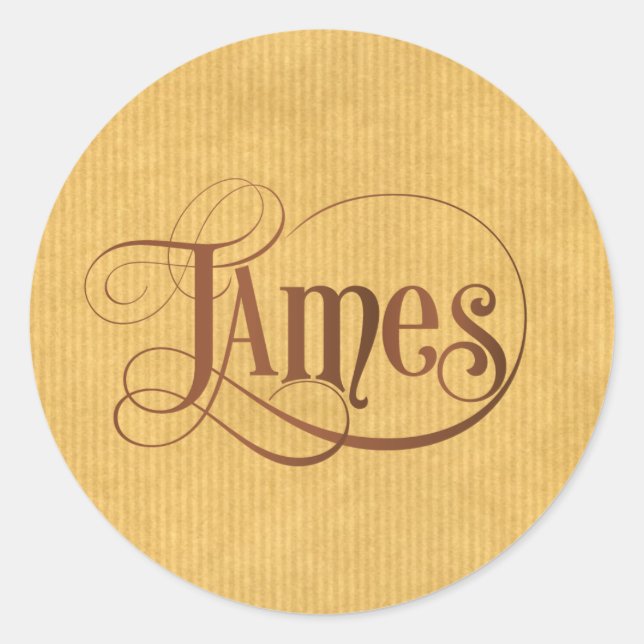 Personalized Swirly Script James Brown Kraft Paper Classic Round Sticker (Front)