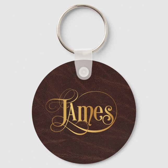 Personalized Swirly Script James Gold on Leather Keychain (Front)