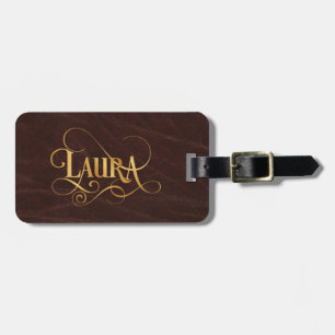 Personalized Swirly Script Laura Gold on Leather Luggage Tag