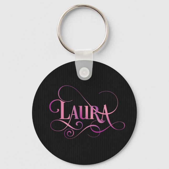 Personalized Swirly Script Laura Pink on Black Keychain (Front)