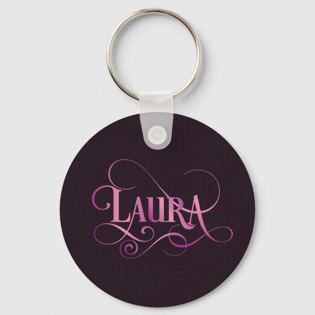 Personalized Swirly Script Laura Pink on Purple Keychain (Front)