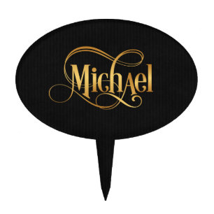Personalized Swirly Script Michael Gold on Black Cake Topper