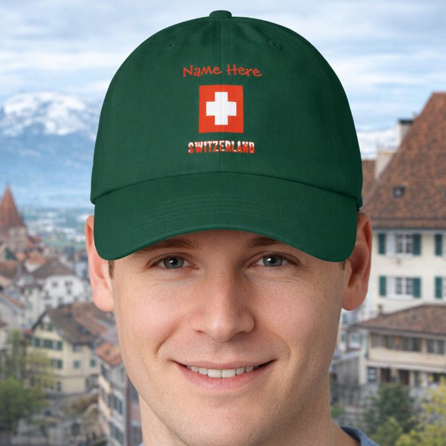 Personalized Switzerland Flag Hat (Personalized dad hat has Swiss Flag and SWITZERLAND below. Add a name above in red letters.)