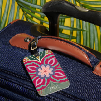 Personalized Symmetrical Folk-Art Floral Medallion Luggage Tag
