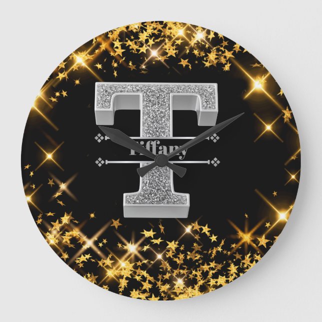 Personalized T Initial Silver Monogram Your Name Large Clock (Front)