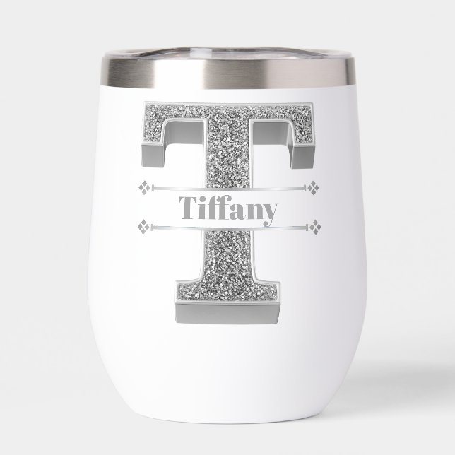 Personalized T Initial Silver Monogram Your Name Thermal Wine Tumbler (Back)