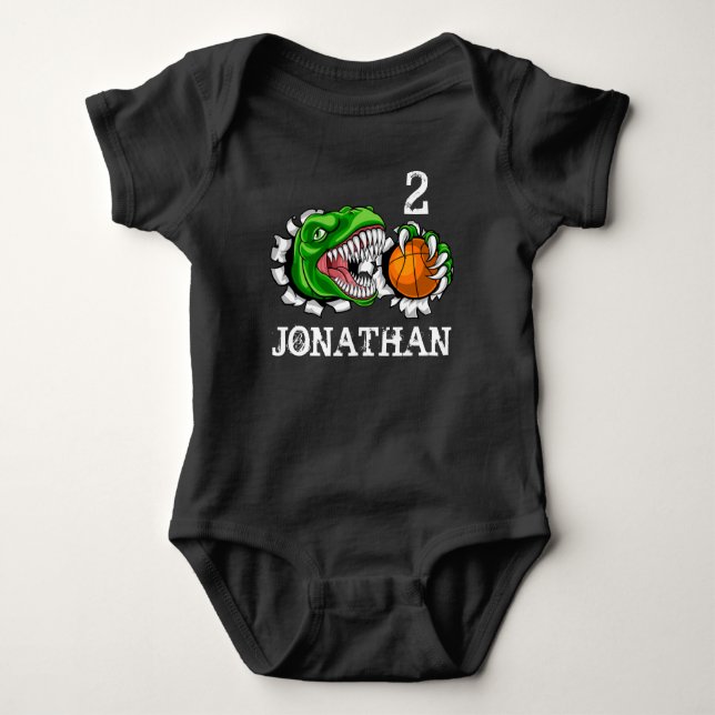 Personalized T-Rex Basketball 2nd Birthday Dino Baby Bodysuit (Front)
