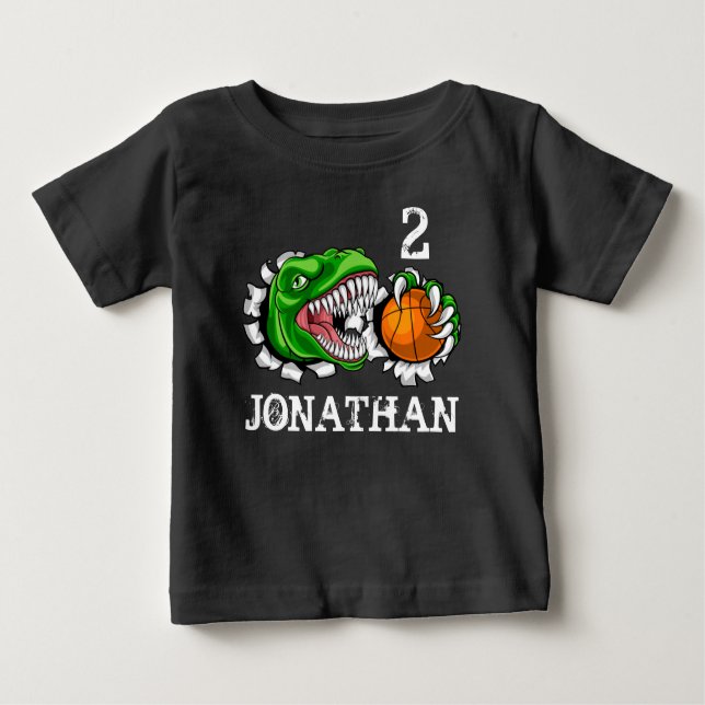 Personalized T-Rex Basketball 2nd Birthday Dino Baby T-Shirt (Front)