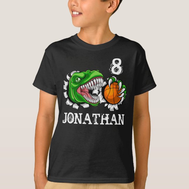 Personalized T-Rex Basketball 8th Birthday Dino  T-Shirt (Front)