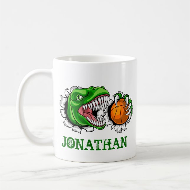 Personalized T-Rex Basketball Dinosaur Coffee Mug (Left)