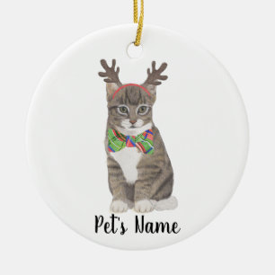 Personalized Tabby Cat (Grey) Antlers & Bow Tie Ceramic Ornament
