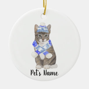 Personalized Tabby Cat (Grey) Blue Ski Hat & Scarf Ceramic Ornament