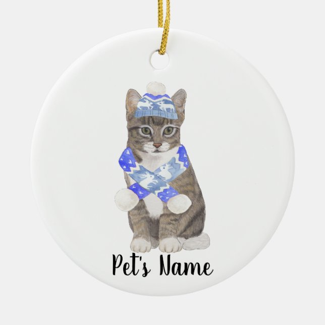 Personalized Tabby Cat (Grey) Blue Ski Hat & Scarf Ceramic Ornament (Front)