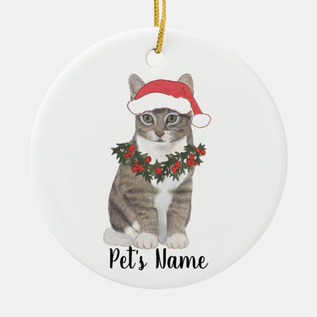 Personalized Tabby Cat (Grey) Ceramic Ornament (Front)