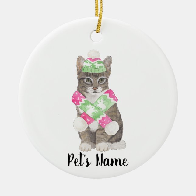 Personalized Tabby Cat (Grey) Pink & Green Scarf Ceramic Ornament (Front)