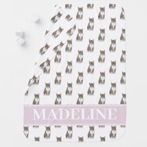 Personalized Tabby Cat Grey Pink  White Baby Blanket