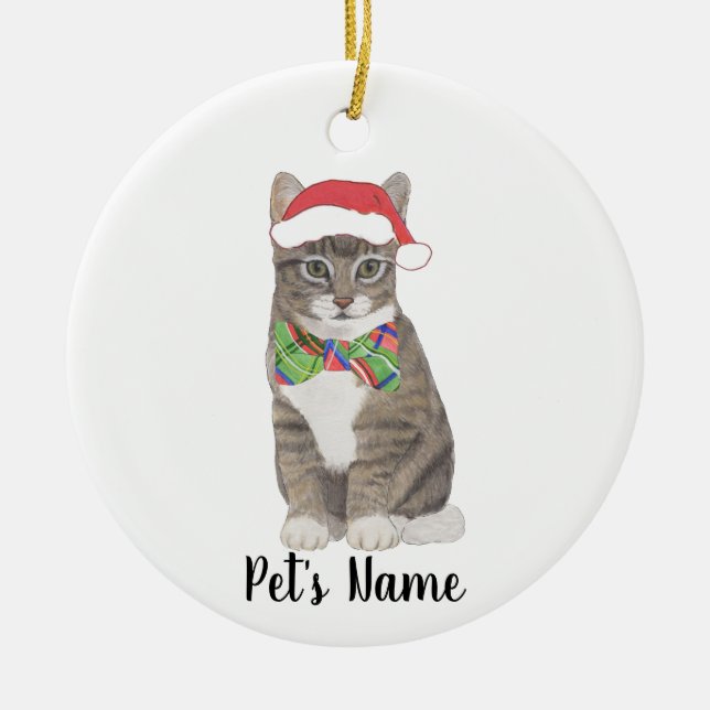 Personalized Tabby Cat (Grey) Santa Hat & Bow Tie Ceramic Ornament (Front)