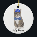 Personalized Tabby Cat (Grey) Yarmulke & Bow Tie Ceramic Ornament<br><div class="desc">Make the nice list this year with an ornament of your favorite tabby cat elf! For the sweetest gifts, pair it with a matching art print or another item from my collection for a thoughtful housewarming, cat mom, bridal shower, teacher, mother-in-law, husband, boyfriend, secret santa, sympathy, or tough-to-shop-for gift! To...</div>