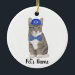 Personalized Tabby Cat (Grey) Yarmulke & Bow Tie Ceramic Ornament<br><div class="desc">Make the nice list this year with an ornament of your favorite tabby cat elf! For the sweetest gifts, pair it with a matching art print or another item from my collection for a thoughtful housewarming, cat mom, bridal shower, teacher, mother-in-law, husband, boyfriend, secret santa, sympathy, or tough-to-shop-for gift! To...</div>