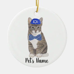 Personalized Tabby Cat (Grey) Yarmulke & Bow Tie Ceramic Ornament