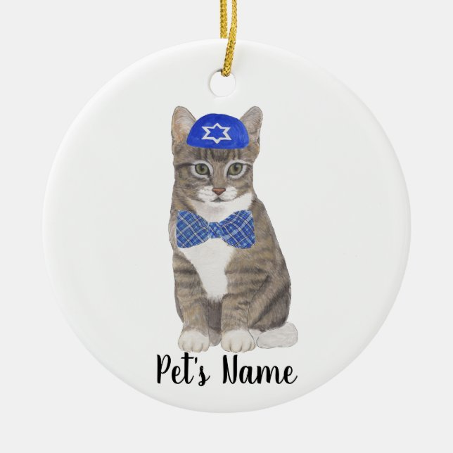 Personalized Tabby Cat (Grey) Yarmulke & Bow Tie Ceramic Ornament (Front)