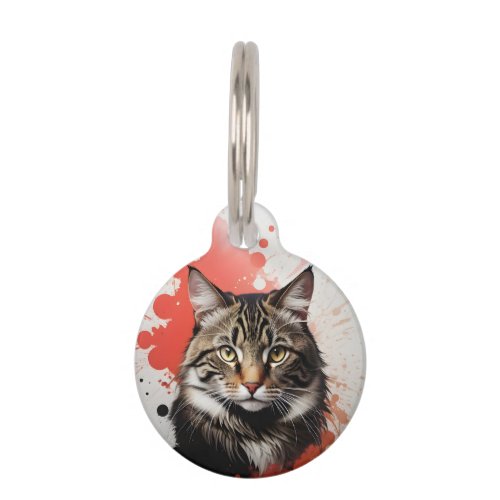 Personalized Tabby Cat Splatter Art Red and Black Pet ID Tag