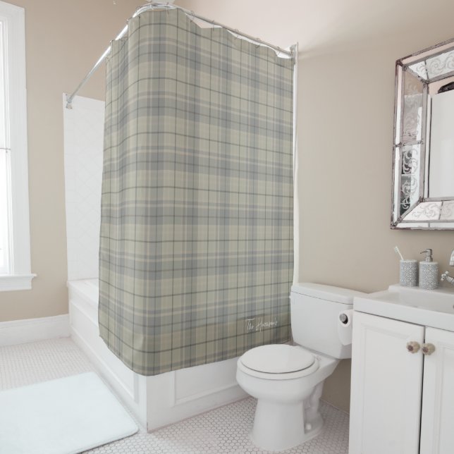 Personalized tan beige preppy plaid tartan  shower curtain (In Situ)