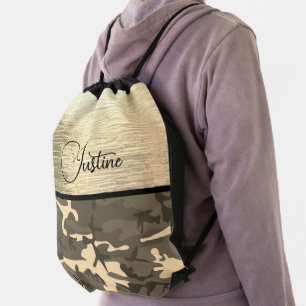 Personalized Tan Camo Shimmery Gold Drawstring Bag