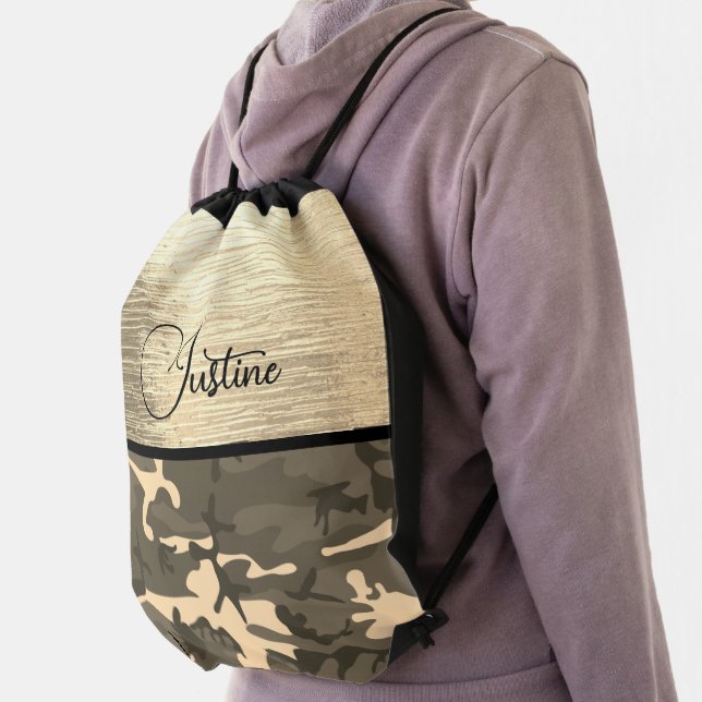 Personalized Tan Camo Shimmery Gold Drawstring Bag (Insitu)