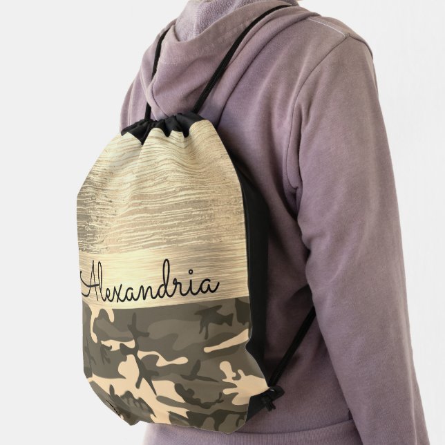 Personalized Tan Camo Shimmery Gold Drawstring Bag (Insitu)